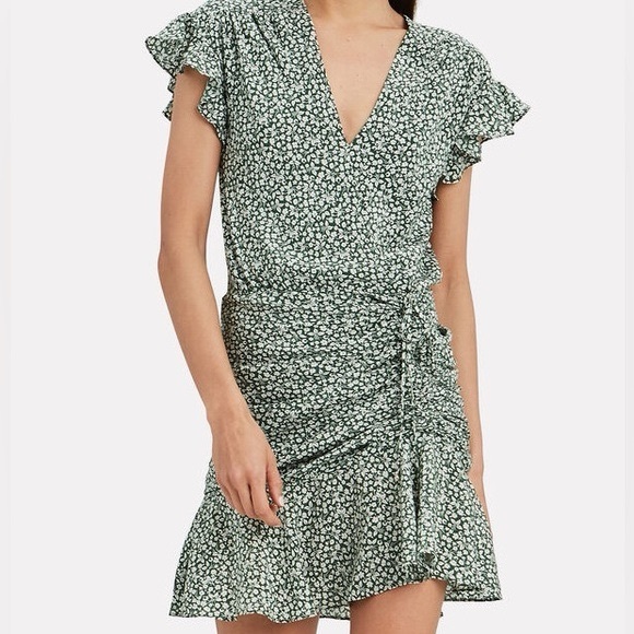 Veronica Beard Dresses & Skirts - VERONICA BEARD MARLA FLORAL Green PRINT RUFFLE silk RUCHED V-NECK mini DRESS